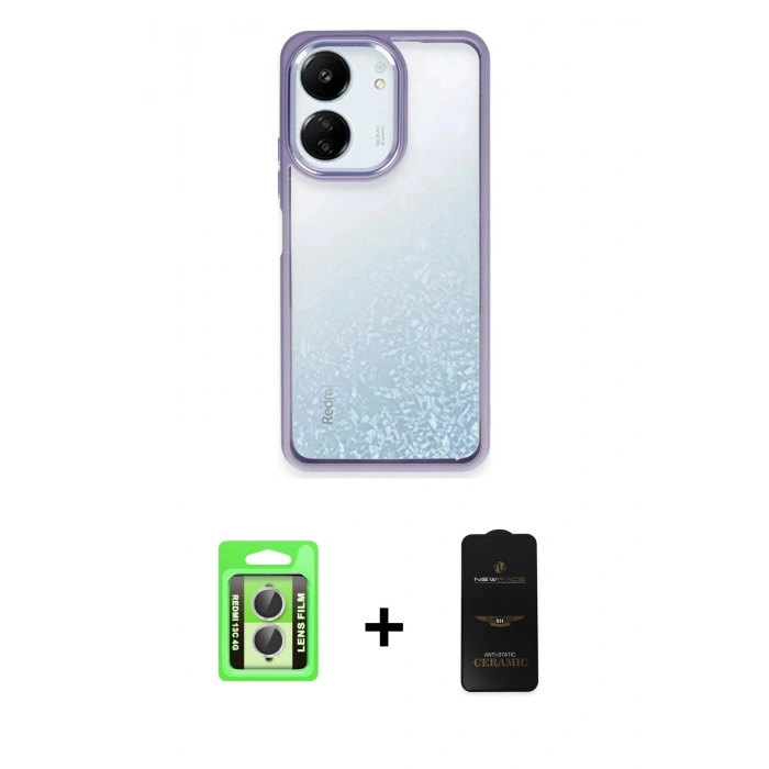 MARSİLYAN™- Redmi 13C Kılıf Nova Işık Serisi - Siyah 6D Antistatik Mat Seramik Hayalet Nano Ekran Koruyucu + Raze Metal Kamera Lens - GS