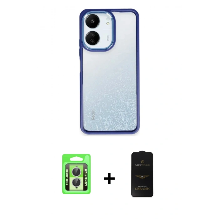 MARSİLYAN™- Redmi 13C Kılıf Nova Işık Serisi - Siyah 6D Antistatik Mat Seramik Hayalet Nano Ekran Koruyucu + Raze Metal Kamera Lens - GS