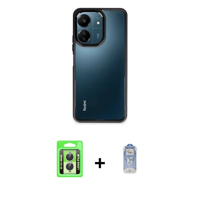 MARSİLYAN™- Redmi 13C Kılıf Nova Işık Serisi - Siyah Joko Magic 5D Cam + Raze Metal Kamera Lens - GS