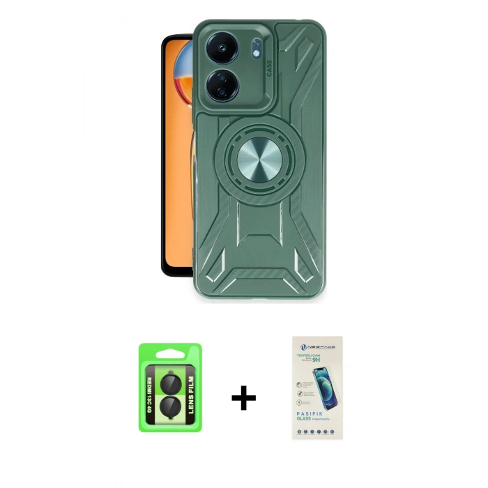 MARSİLYAN™- Redmi 13C Kılıf Nova Yansıma Prime - Şeffaf Pasifik Cam Ekran Koruyucu + Raze Metal Kamera Lens - SH