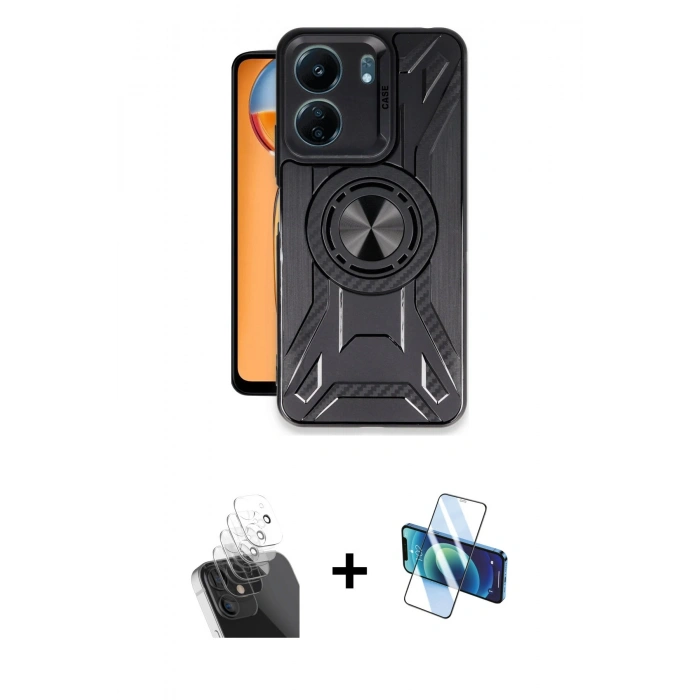 MARSİLYAN™- Redmi 13C Kılıf Nova Yansıma Prime - Siyah 3D Antistatik Cam Ekran Koruyucu + Kamera Lens Koruma Cam - SF