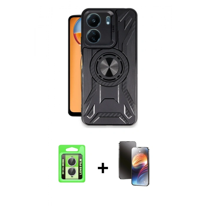 MARSİLYAN™- Redmi 13C Kılıf Nova Yansıma Prime - Siyah 3D Antistatik Mat Seramik Nano Ekran Koruyucu + Raze Metal Kamera Lens - GS