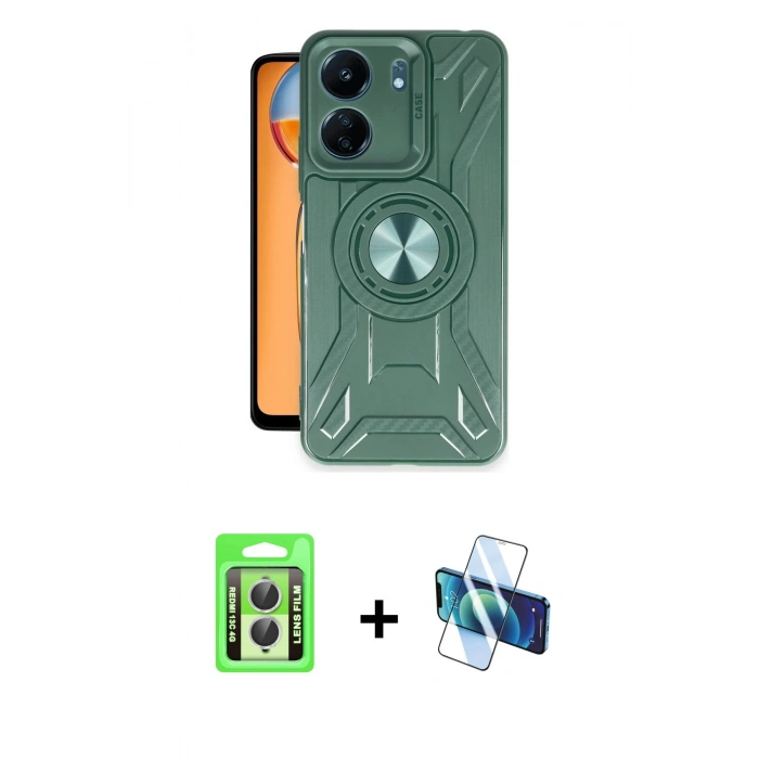MARSİLYAN™- Redmi 13C Kılıf Nova Yansıma Prime - Siyah 3D Antistatik Seramik Nano Ekran Koruyucu + Raze Metal Kamera Lens - GS