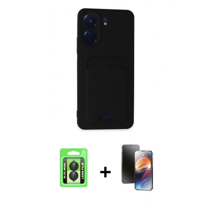 MARSİLYAN™- Redmi 13C Kılıf Vadi Çizgi Prime - Siyah 3D Antistatik Mat Seramik Nano Ekran Koruyucu + Raze Metal Kamera Lens - SH