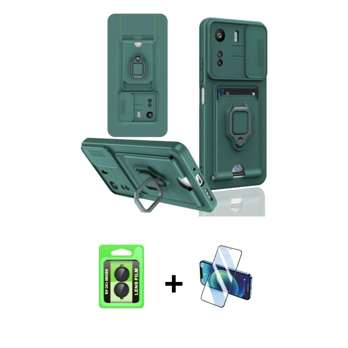 MARSİLYAN™- Redmi 13C Kılıf Vadi Form Prime - Siyah 3D Antistatik Seramik Nano Ekran Koruyucu + Raze Metal Kamera Lens - SH