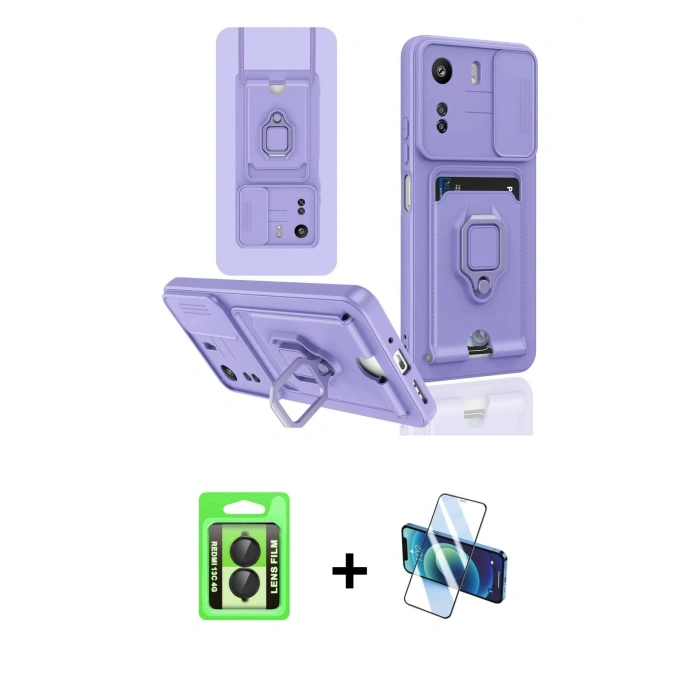 MARSİLYAN™- Redmi 13C Kılıf Vadi Form Prime - Siyah 3D Antistatik Seramik Nano Ekran Koruyucu + Raze Metal Kamera Lens - SH
