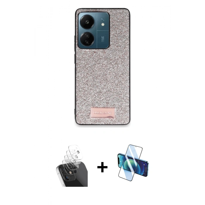 MARSİLYAN™- Redmi 13C Kılıf Vadi Klasik Serisi - Siyah 3D Antistatik Cam Ekran Koruyucu + Kamera Lens Koruma Cam - SF