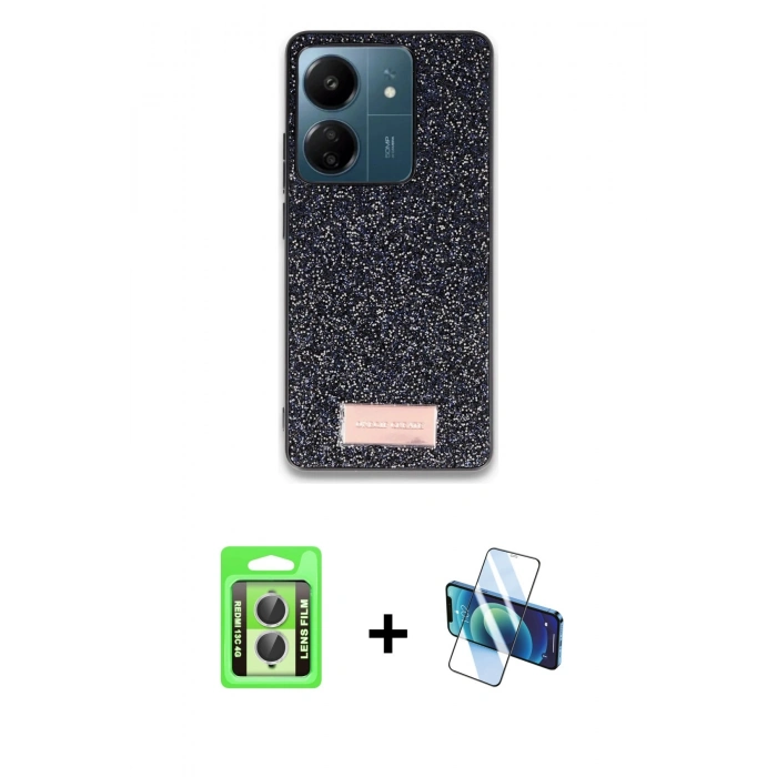 MARSİLYAN™- Redmi 13C Kılıf Vadi Klasik Serisi - Siyah 3D Antistatik Seramik Nano Ekran Koruyucu + Raze Metal Kamera Lens - GS