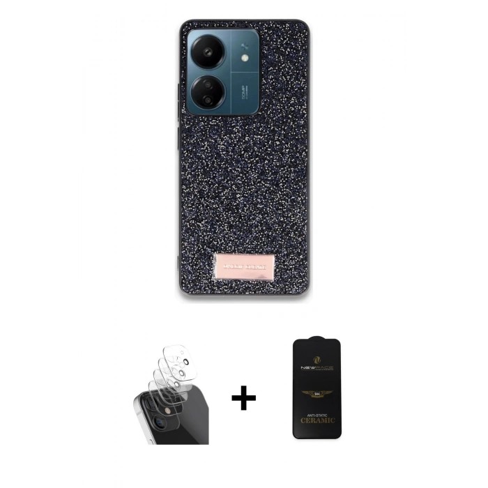 MARSİLYAN™- Redmi 13C Kılıf Vadi Klasik Serisi - Siyah 6D Antistatik Mat Seramik Hayalet Nano Ekran Koruyucu + Kamera Lens Koruma Cam - SF