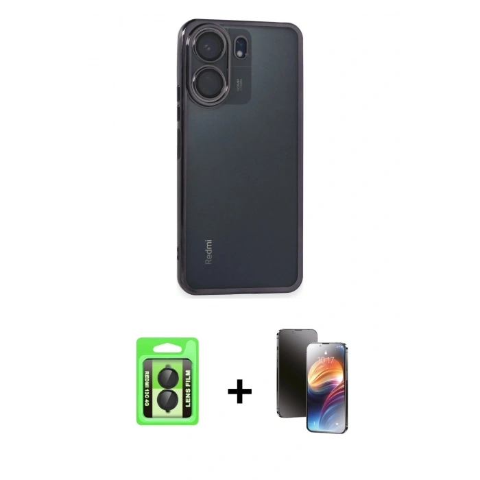MARSİLYAN™- Redmi 13C Kılıf Vadi Minimal - Siyah 3D Antistatik Mat Seramik Nano Ekran Koruyucu + Raze Metal Kamera Lens - SH