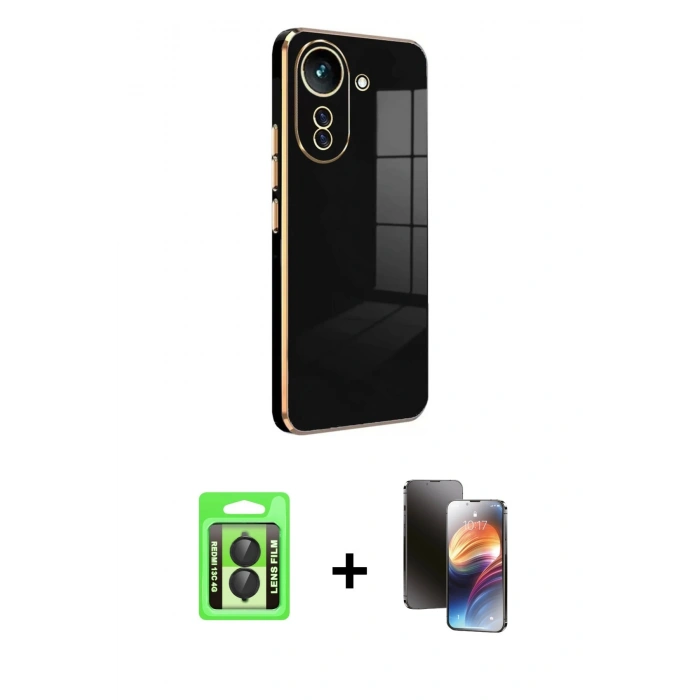 MARSİLYAN™- Redmi 13C Kılıf Yankı Serisi - Siyah 3D Antistatik Mat Seramik Nano Ekran Koruyucu + Raze Metal Kamera Lens - SH