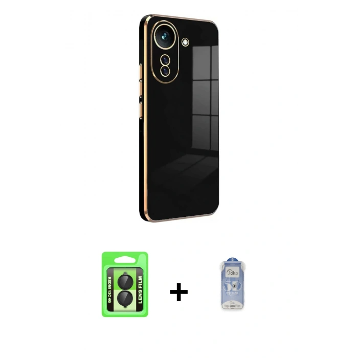 MARSİLYAN™- Redmi 13C Kılıf Yankı Serisi - Siyah Joko Magic 5D Cam + Raze Metal Kamera Lens - SH