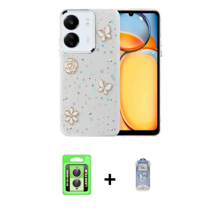 MARSİLYAN™- Redmi 13C Kılıf Yörünge Form - Siyah Joko Magic 5D Cam + Raze Metal Kamera Lens - GS