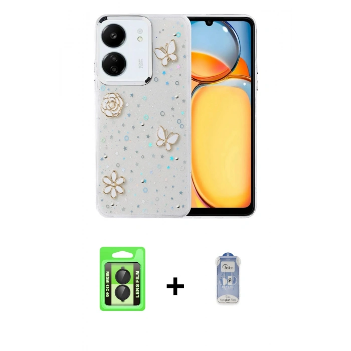 MARSİLYAN™- Redmi 13C Kılıf Yörünge Form - Siyah Joko Magic 5D Cam + Raze Metal Kamera Lens - SH