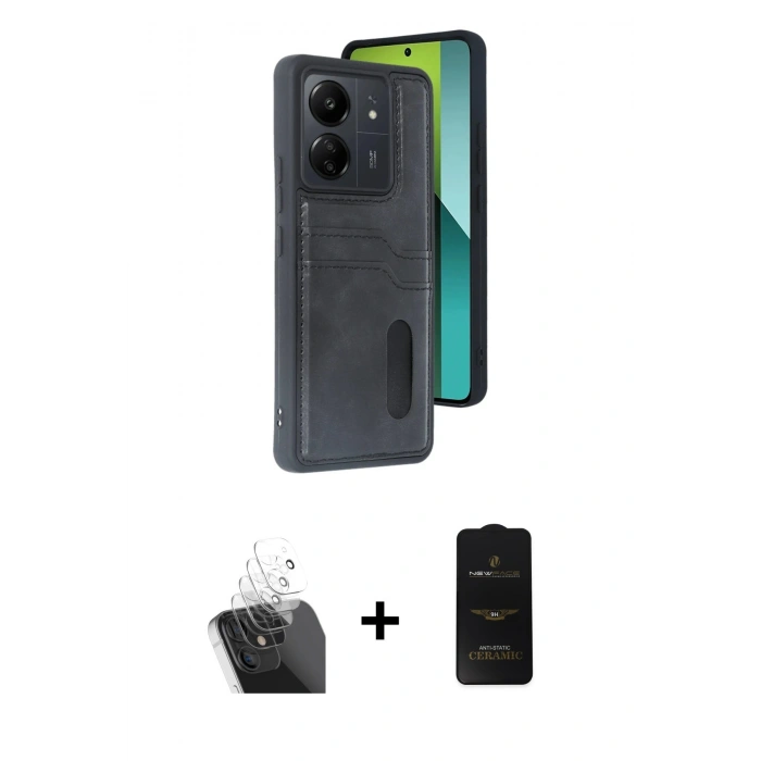 MARSİLYAN™- Redmi 13C Kılıf Yörünge Işık Serisi - Siyah 6D Antistatik Mat Seramik Hayalet Nano Ekran Koruyucu + Kamera Lens Koruma Cam - SF