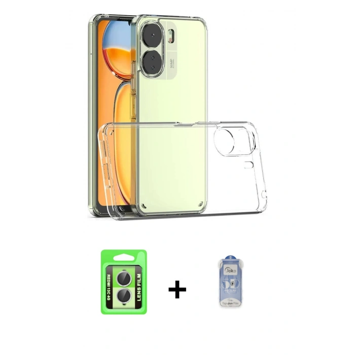 MARSİLYAN™- Redmi 13C Kılıf Zirve Doku - Siyah Joko Magic 5D Cam + Raze Metal Kamera Lens - GS