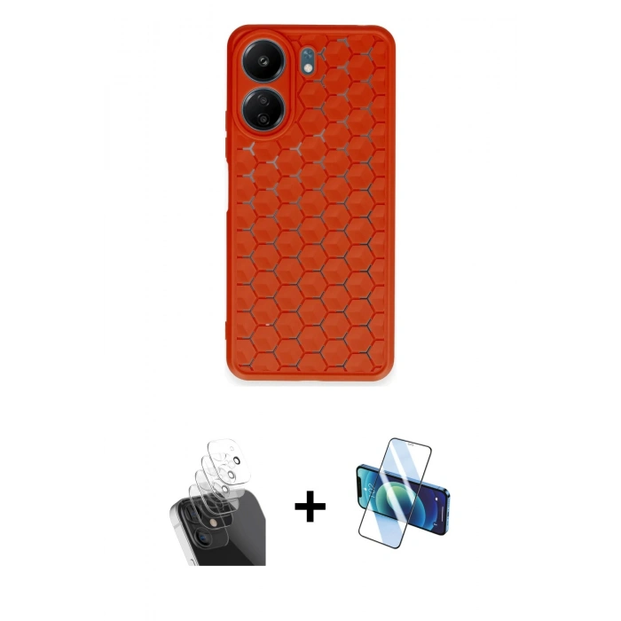 MARSİLYAN™- Redmi 13C Kılıf Zirve Form - Siyah 3D Antistatik Cam Ekran Koruyucu + Kamera Lens Koruma Cam - SF