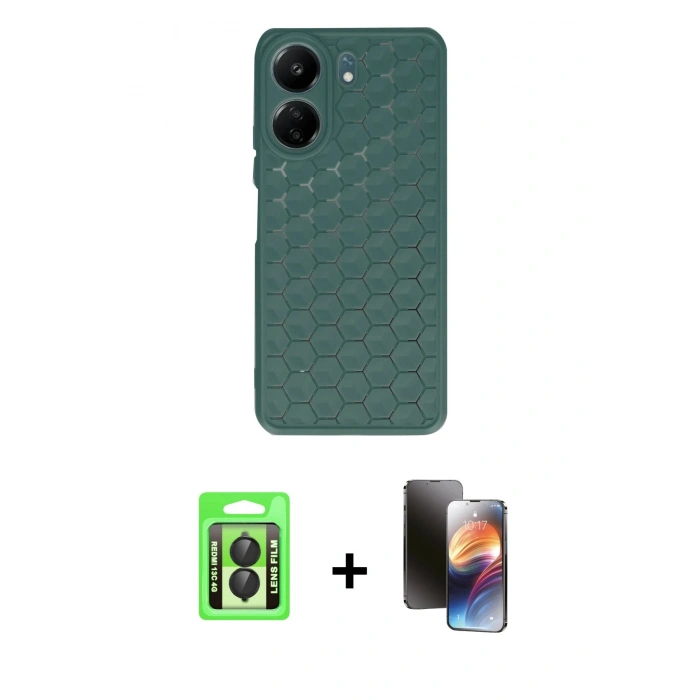 MARSİLYAN™- Redmi 13C Kılıf Zirve Form - Siyah 3D Antistatik Mat Seramik Nano Ekran Koruyucu + Raze Metal Kamera Lens - SH