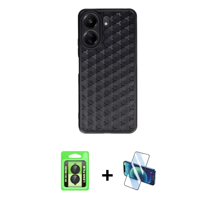 MARSİLYAN™- Redmi 13C Kılıf Zirve Form - Siyah 3D Antistatik Seramik Nano Ekran Koruyucu + Raze Metal Kamera Lens - SH