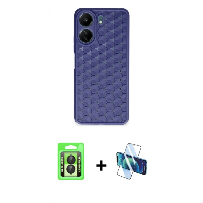 MARSİLYAN™- Redmi 13C Kılıf Zirve Form - Siyah 3D Antistatik Seramik Nano Ekran Koruyucu + Raze Metal Kamera Lens - SH