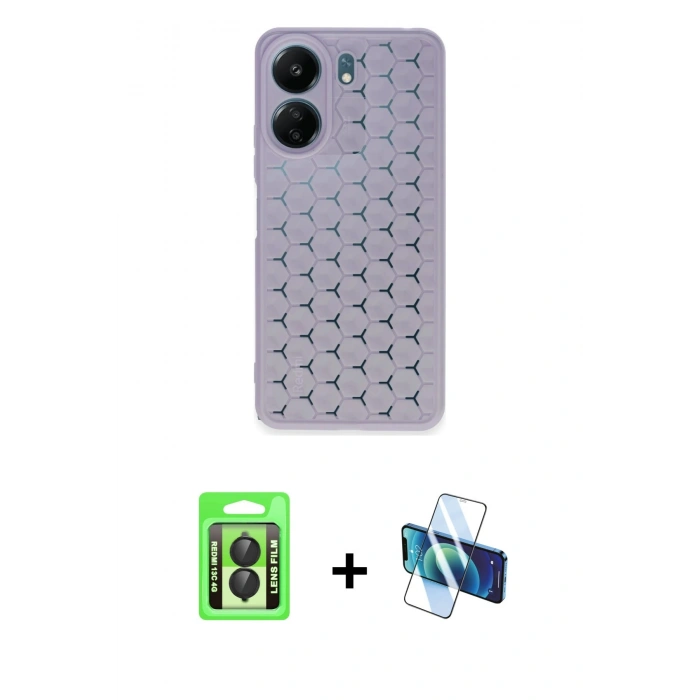 MARSİLYAN™- Redmi 13C Kılıf Zirve Form - Siyah 3D Antistatik Seramik Nano Ekran Koruyucu + Raze Metal Kamera Lens - SH