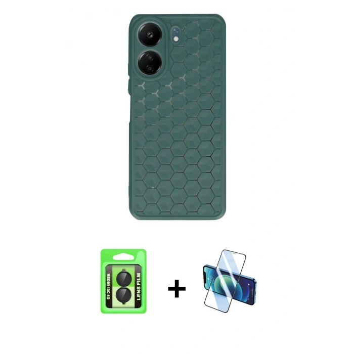 MARSİLYAN™- Redmi 13C Kılıf Zirve Form - Siyah 3D Antistatik Seramik Nano Ekran Koruyucu + Raze Metal Kamera Lens - SH