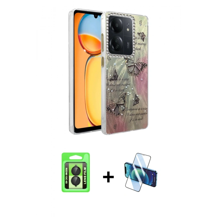 MARSİLYAN™- Redmi 13C Kılıf Zirve Modern Prime - Siyah 3D Antistatik Cam Ekran Koruyucu + Raze Metal Kamera Lens - SH