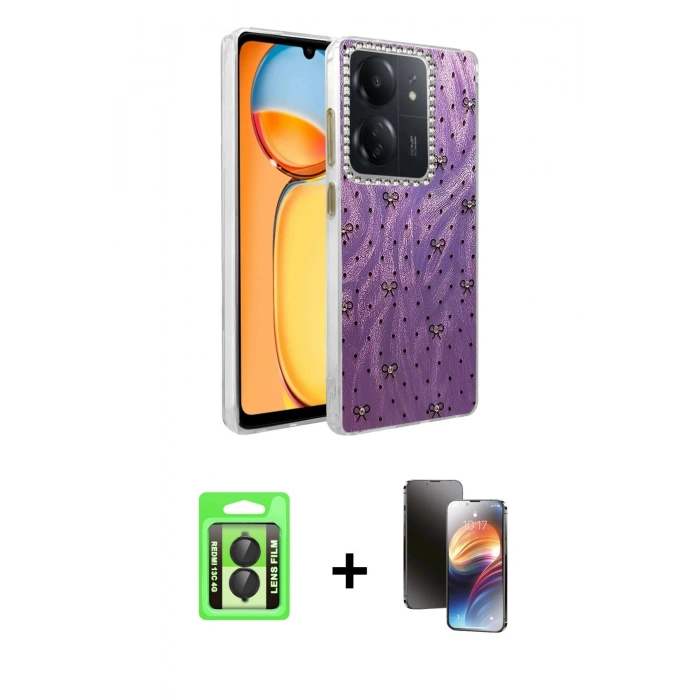 MARSİLYAN™- Redmi 13C Kılıf Zirve Modern Prime - Siyah 3D Antistatik Mat Seramik Nano Ekran Koruyucu + Raze Metal Kamera Lens - SH