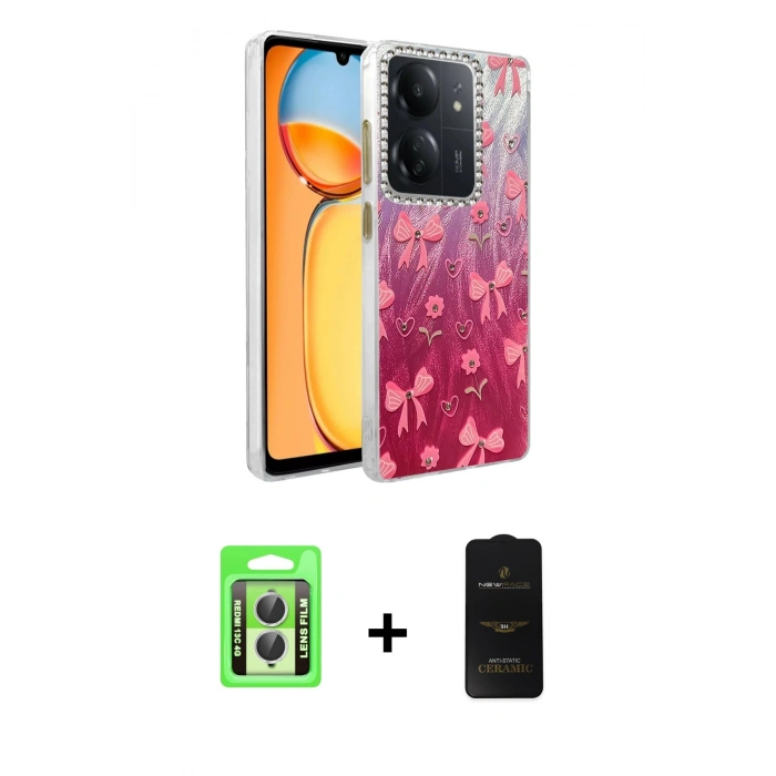 MARSİLYAN™- Redmi 13C Kılıf Zirve Modern Prime - Siyah 6D Antistatik Mat Seramik Hayalet Nano Ekran Koruyucu + Raze Metal Kamera Lens - GS