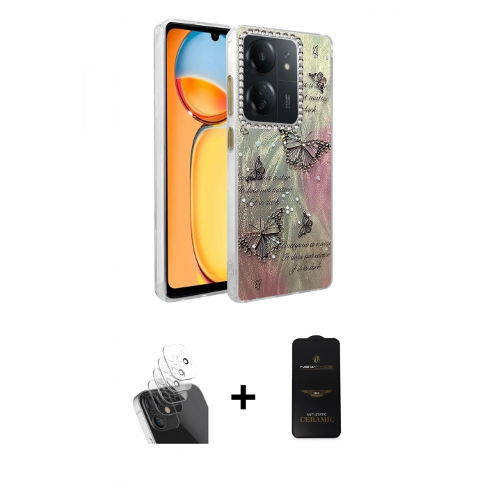 MARSİLYAN™- Redmi 13C Kılıf Zirve Modern Prime - Siyah 6D Antistatik Mat Seramik Hayalet Nano Ekran Koruyucu + Kamera Lens Koruma Cam - SF