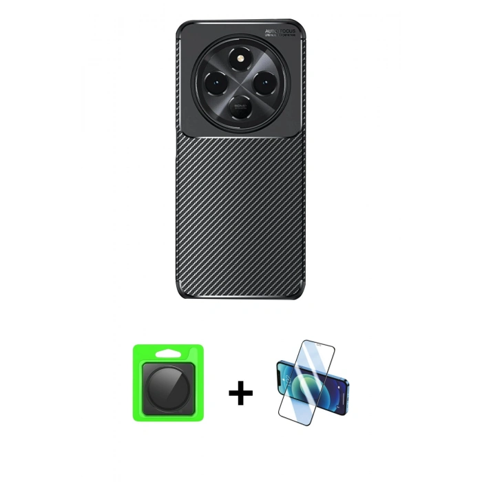 MARSİLYAN™- Redmi 14C Kılıf Eksen Form Prime - Siyah 3D Antistatik Seramik Nano Ekran Koruyucu + Raze Metal Kamera Lens - SH