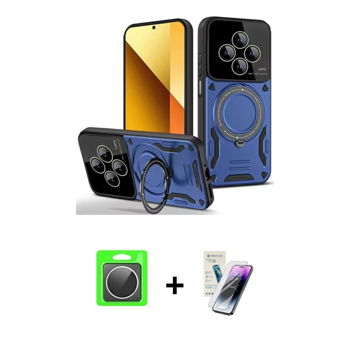 MARSİLYAN™- Redmi 14C Kılıf Kıvılcım Modern Serisi - Şeffaf Pasifik Cam Ekran Koruyucu + Raze Metal Kamera Lens - GS