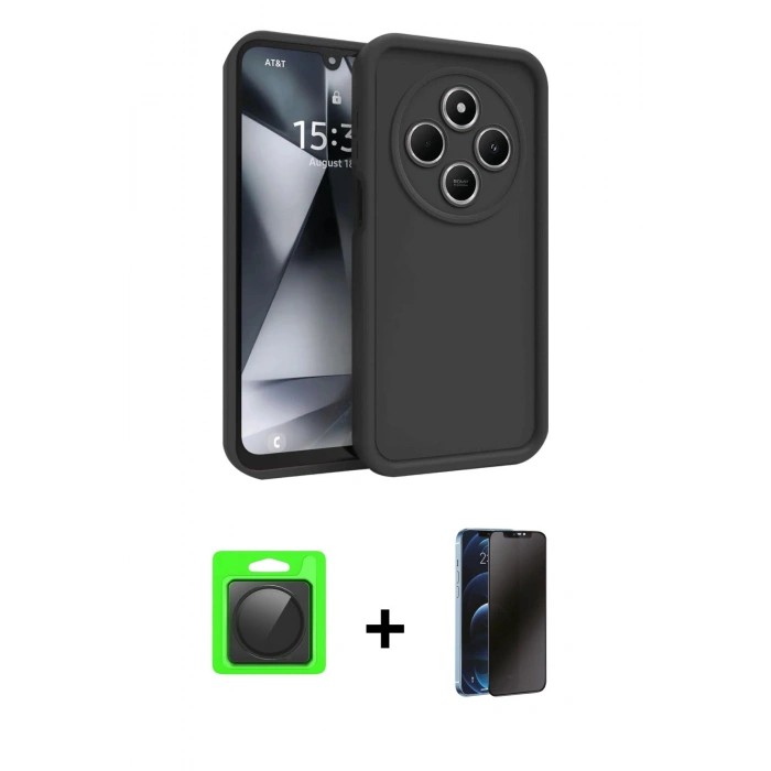 MARSİLYAN™- Redmi 14C Kılıf Yankı Yansıma Özel Seri - Siyah 3D Antistatik Hayalet Cam Ekran Koruyucu + Raze Metal Kamera Lens - SH