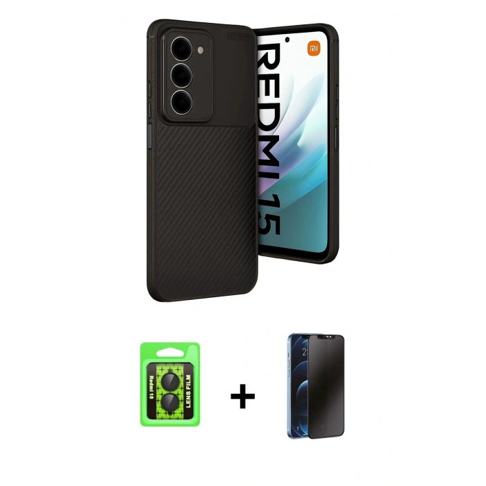 MARSİLYAN™- Redmi 15 4G Kılıf Eksen Form Prime - Siyah 3D Antistatik Hayalet Cam Ekran Koruyucu + Raze Metal Kamera Lens - SH