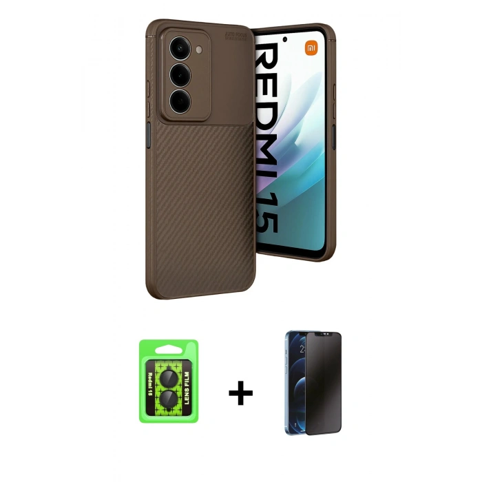 MARSİLYAN™- Redmi 15 4G Kılıf Eksen Form Prime - Siyah 3D Antistatik Hayalet Cam Ekran Koruyucu + Raze Metal Kamera Lens - SH