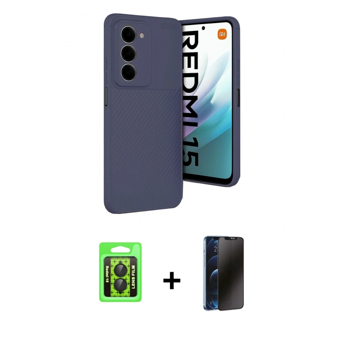 MARSİLYAN™- Redmi 15 4G Kılıf Eksen Form Prime - Siyah 3D Antistatik Hayalet Cam Ekran Koruyucu + Raze Metal Kamera Lens - SH