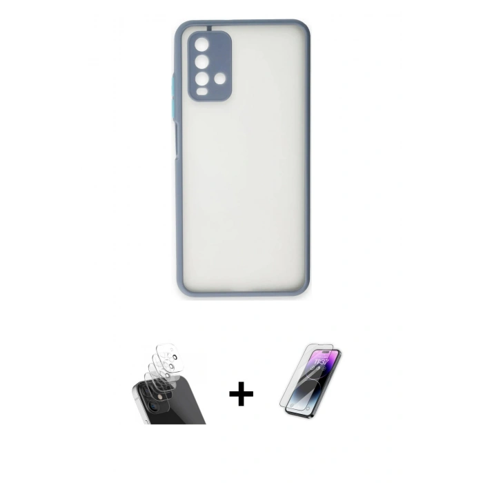 MARSİLYAN™- Redmi 9T Kılıf Ahenk Çizgi Serisi - Şeffaf Pasifik Cam Ekran Koruyucu + Kamera Lens Koruma Cam - SF