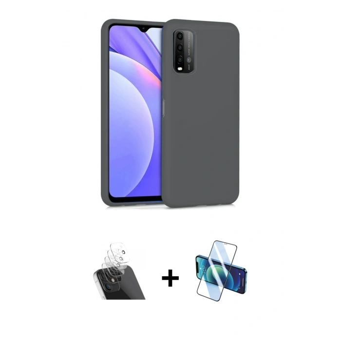 MARSİLYAN™- Redmi 9T Kılıf Ahenk Serisi - Siyah 3D Antistatik Seramik Nano Ekran Koruyucu + Kamera Lens Koruma Cam - SF