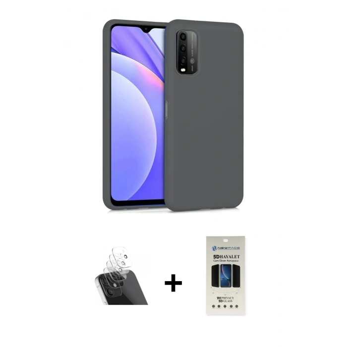 MARSİLYAN™- Redmi 9T Kılıf Ahenk Serisi - Siyah 5D Hayalet Cam Ekran Koruyucu + Kamera Lens Koruma Cam - SF