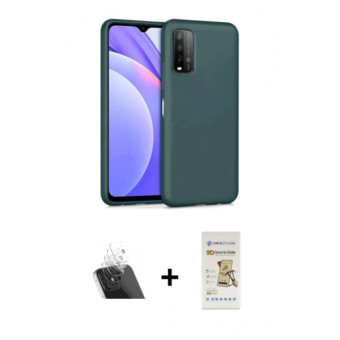 MARSİLYAN™- Redmi 9T Kılıf Ahenk Serisi - Siyah Mat Seramik Nano Ekran Koruyucu + Kamera Lens Koruma Cam - SF