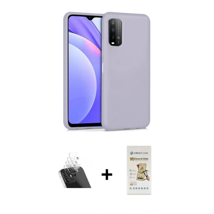 MARSİLYAN™- Redmi 9T Kılıf Ahenk Serisi - Siyah Mat Seramik Nano Ekran Koruyucu + Kamera Lens Koruma Cam - SF