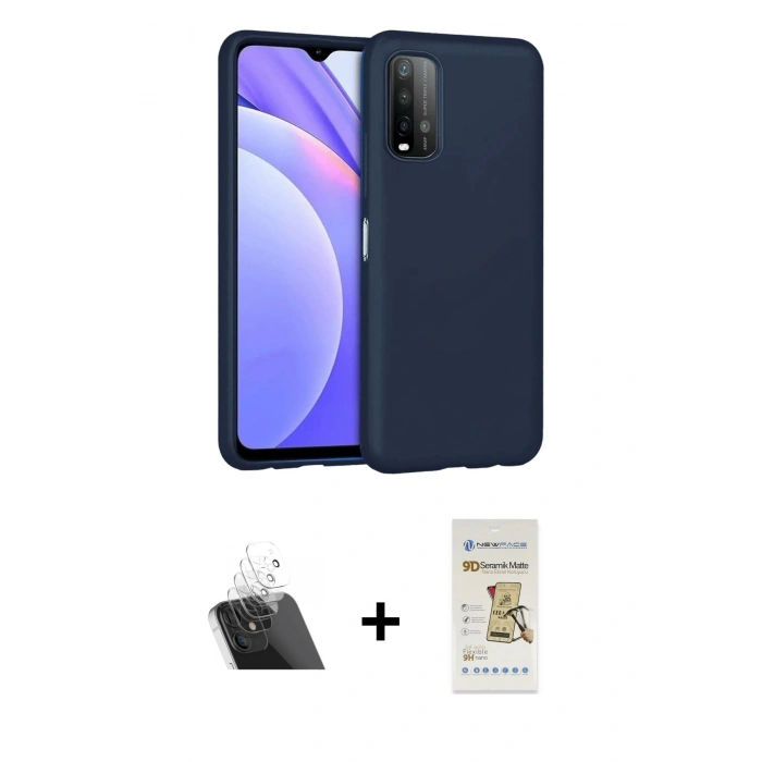 MARSİLYAN™- Redmi 9T Kılıf Ahenk Serisi - Siyah Mat Seramik Nano Ekran Koruyucu + Kamera Lens Koruma Cam - SF