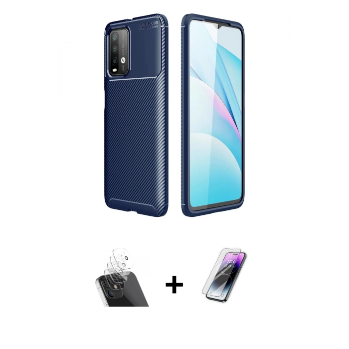 MARSİLYAN™- Redmi 9T Kılıf Eksen Form Prime - Şeffaf Pasifik Cam Ekran Koruyucu + Kamera Lens Koruma Cam - SF