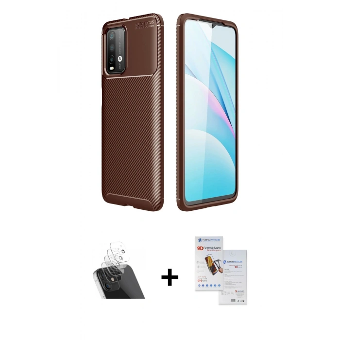 MARSİLYAN™- Redmi 9T Kılıf Eksen Form Prime - Siyah Seramik Nano Ekran Koruyucu + Şeffaf Kamera Lens Koruma Cam