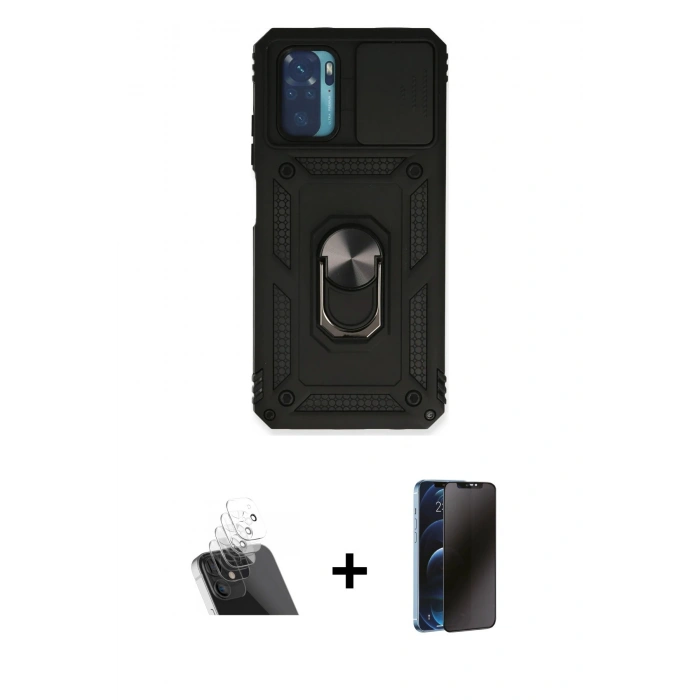 MARSİLYAN™- Redmi Note 10 Kılıf Ahenk Klasik - Siyah 3D Antistatik Hayalet Cam Ekran Koruyucu + Kamera Lens Koruma Cam - SF