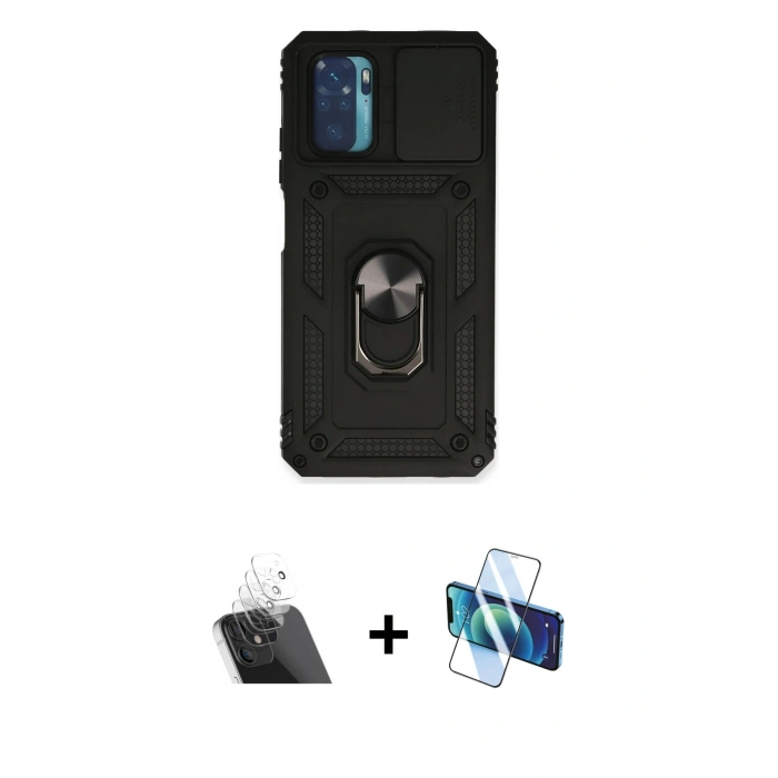 MARSİLYAN™- Redmi Note 10 Kılıf Ahenk Klasik - Siyah 3D Antistatik Seramik Nano Ekran Koruyucu + Kamera Lens Koruma Cam - SF