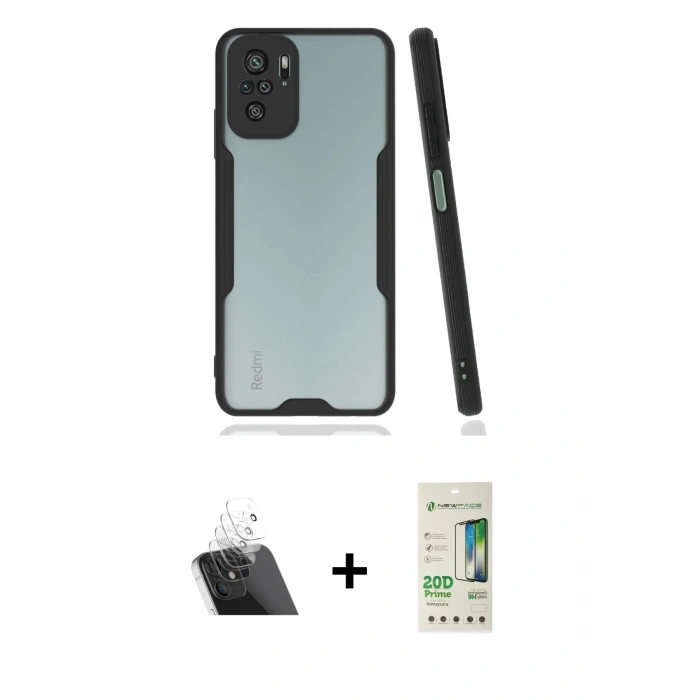 MARSİLYAN™- Redmi Note 10 Kılıf Atlas Asil Serisi - Siyah 20D Premium Cam Ekran Koruyucu + Kamera Lens Koruma Cam - SF