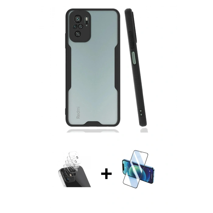 MARSİLYAN™- Redmi Note 10 Kılıf Atlas Asil Serisi - Siyah 3D Antistatik Cam Ekran Koruyucu + Kamera Lens Koruma Cam - SF