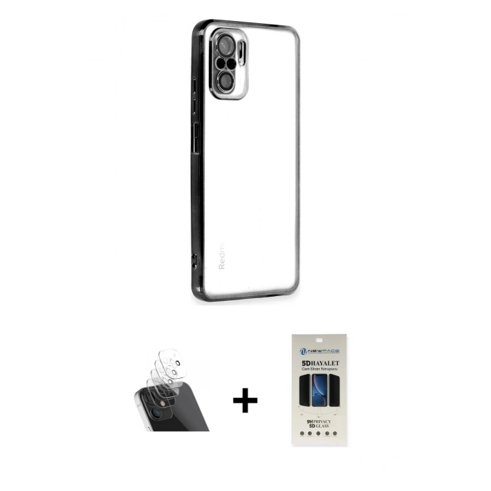 MARSİLYAN™- Redmi Note 10 Kılıf Vadi Minimal - Siyah 5D Hayalet Cam Ekran Koruyucu + Kamera Lens Koruma Cam - SF