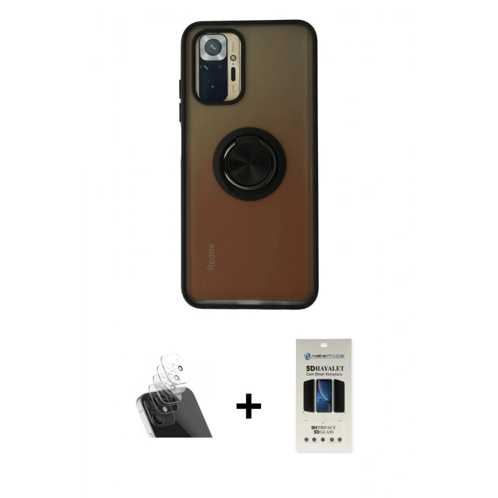 MARSİLYAN™- Redmi Note 10 Kılıf Yörünge Çizgi - Siyah 5D Hayalet Cam Ekran Koruyucu + Kamera Lens Koruma Cam - SF